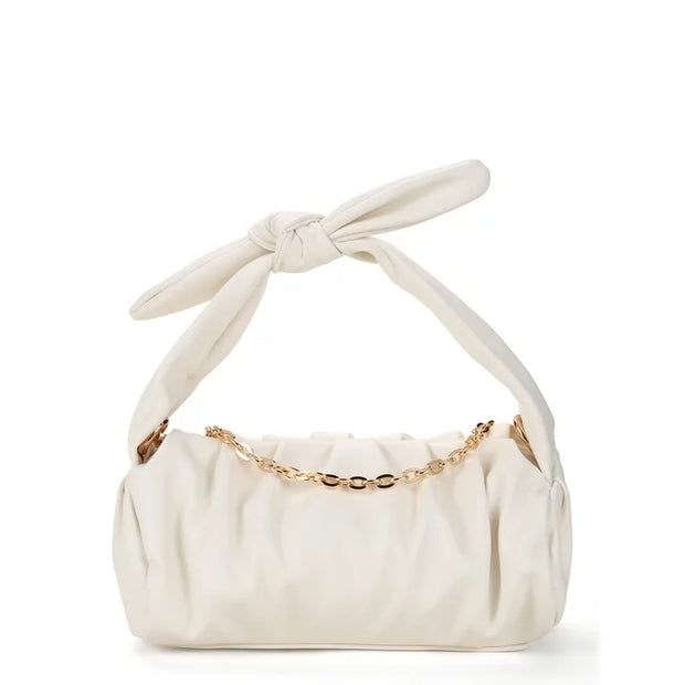 Women's Adult Scrunch Crossbody Handbag with Knotted Top Handle White